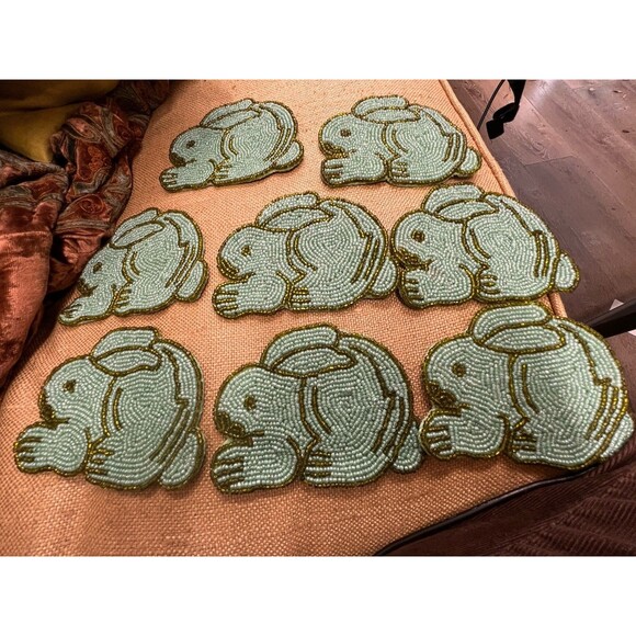 RLK By Leila’s Linen Hand Beaded Rabbit Coasters Green And Blue Made In India - Picture 5 of 12